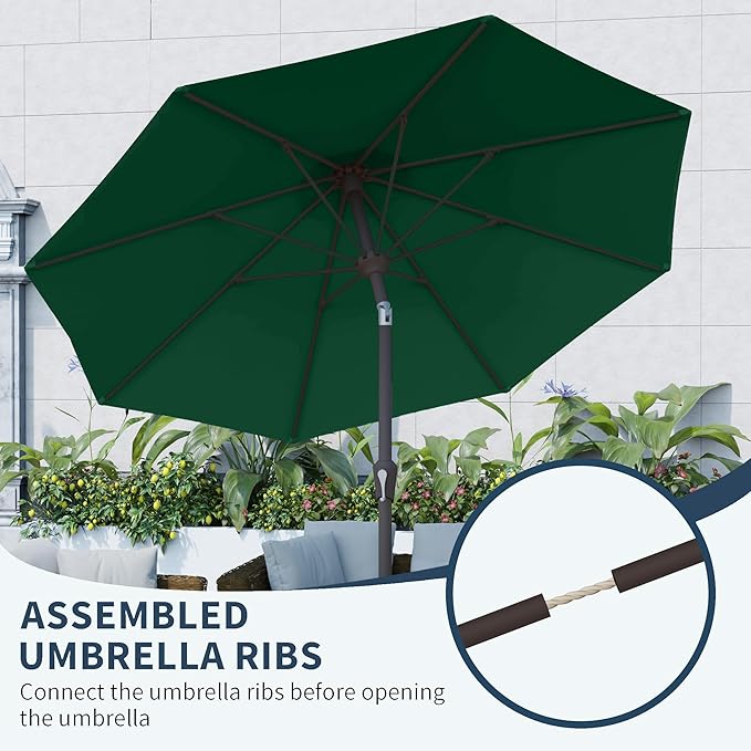 PatioKingdom 10FT Patio Umbrella with Push Button Tilt and Crank, Outdoor Market Umbrella with 8 Fiberglass Ribs, UV Protection Table Umbrella for Pool,Backyard,Garden,Deck(Dark Green, 10FT)