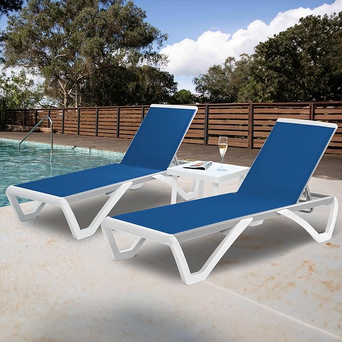 Kozyard Patio Chaise Lounge Chair - Full Flat Alumium & Resin Legs, Outdoor Reclining Adjustable Chair for Sunbathing, Beach, Patio, Lounge Set with Table (2 Blue Textilence W/Table)
