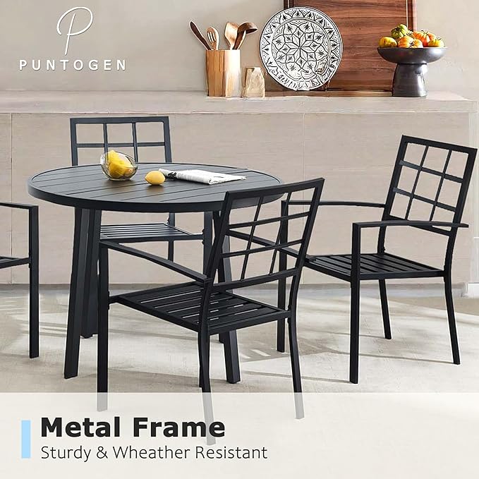 5 Piece Outdoor Dining Set, Patio Dining Set for 4, 42" Black Round Table with 4 Armrest Black Metal Outdoor Dining Chairs for Lawn, Garden, or Porch