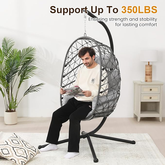 Hanging Egg Chair, Swing Chair with Stand, Hammock Chair Indoor, Patio Boho Wicker 350lbs Capacity, Swing Chair for Bedroom Garden, Balcony, Black & Gray