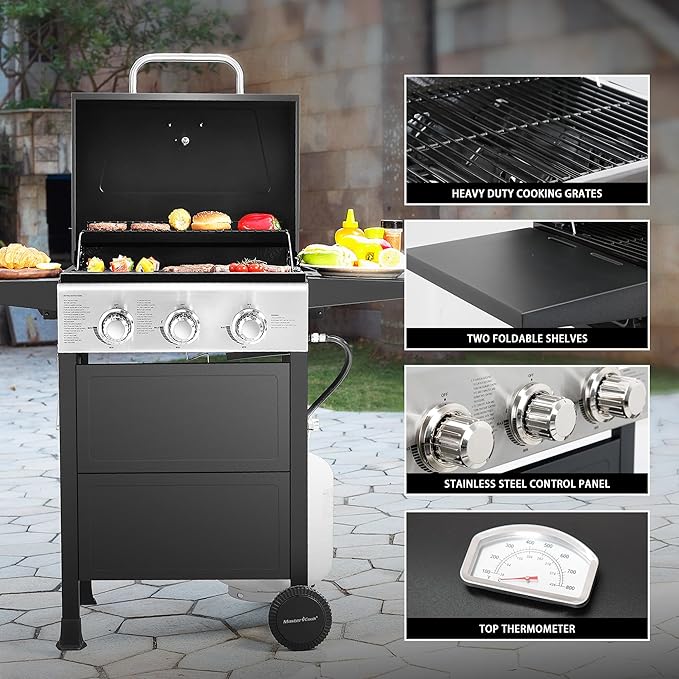 MASTER COOK 3 Burner BBQ Propane Gas Grill, Stainless Steel 30,000 BTU Patio Garden Barbecue Grill with Two Foldable Shelves