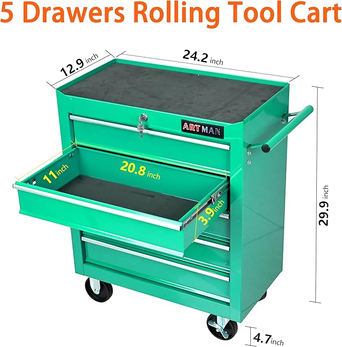 5 Large Drawers Rolling Tool Cart on Wheels, Trolley Organizer Tool Case Tool Chest, Multifunctional Tool Storage Tool Box for Workshop, Garage, Warehouse, Repair Shop (5 Drawers-29.3" H-Green)