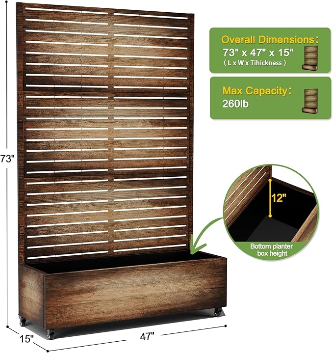 FENCY Metal Raised Garden Bed with Wheels and Trellis,73"x47"x16" Planter Box for Climbing Plants, Vegetables & Vines, Features Privacy Screen and Drainage Holes (Vintage Wood Color)
