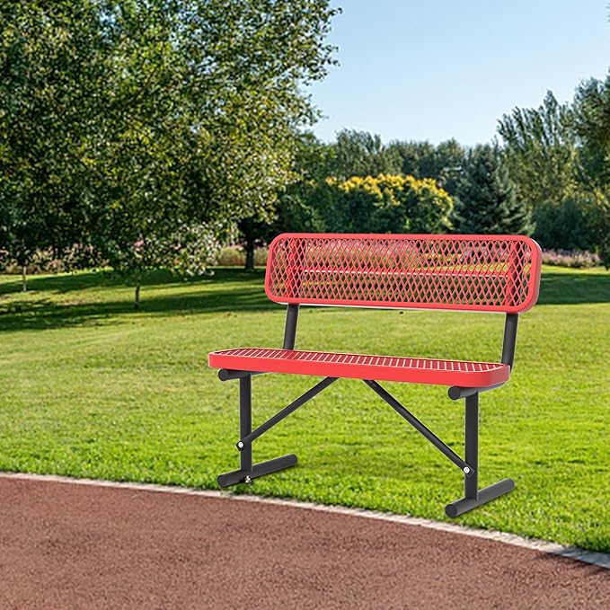 4 Feet Heavy Duty Metal Park Bench for Outside, Outdoor Bench with Backrest & Portable Frame, Commercial Benches for Shopping Malls, Stores, Parks, Patios, Decks, Red