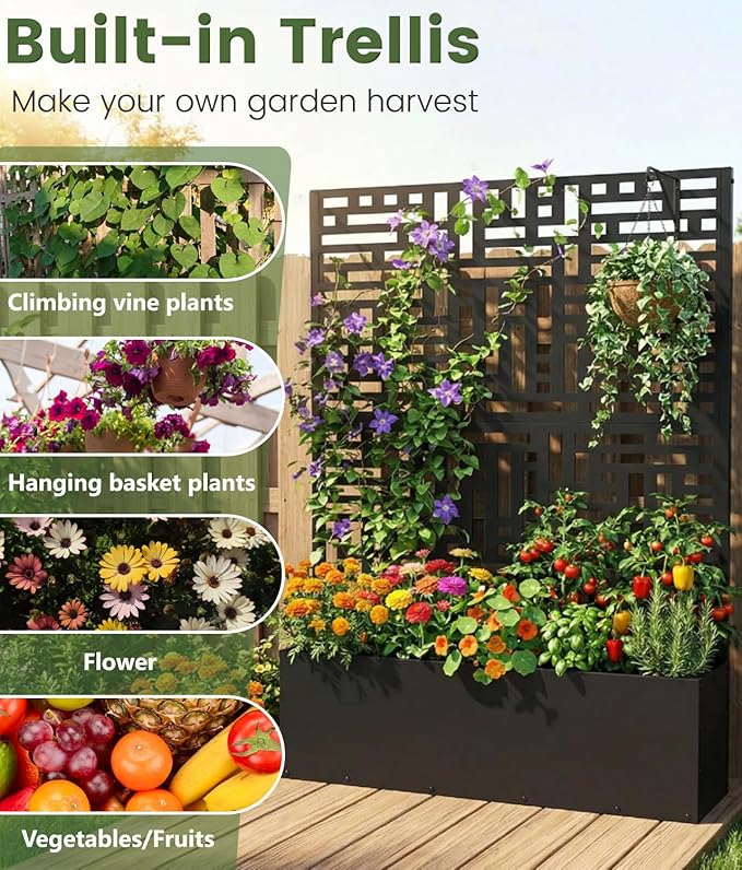2PCS Metal Planter Box with Trellis,70.9"x47.2"x15.7" Raised Garden Bed with Drainage Holes, Privacy Planters for Outdoor, Garden Bed for Climbing Plants,Vegetables,and Vines, Black-Modular