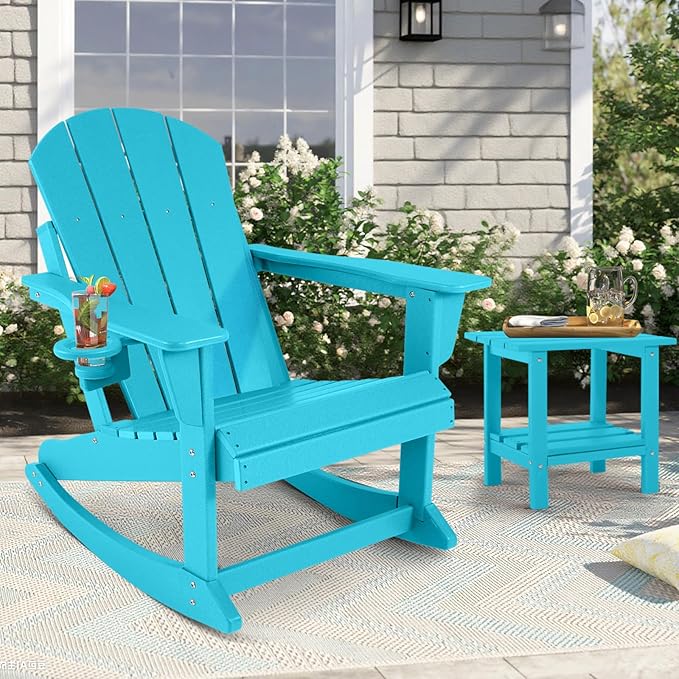Outdoor Rocking Chair, HDPE Poly All-Weather Patio Rocking Chairs with Cup Holder for Adults, Porch Rocker for Deck Patio Balcony, 440lbs, Turquoise