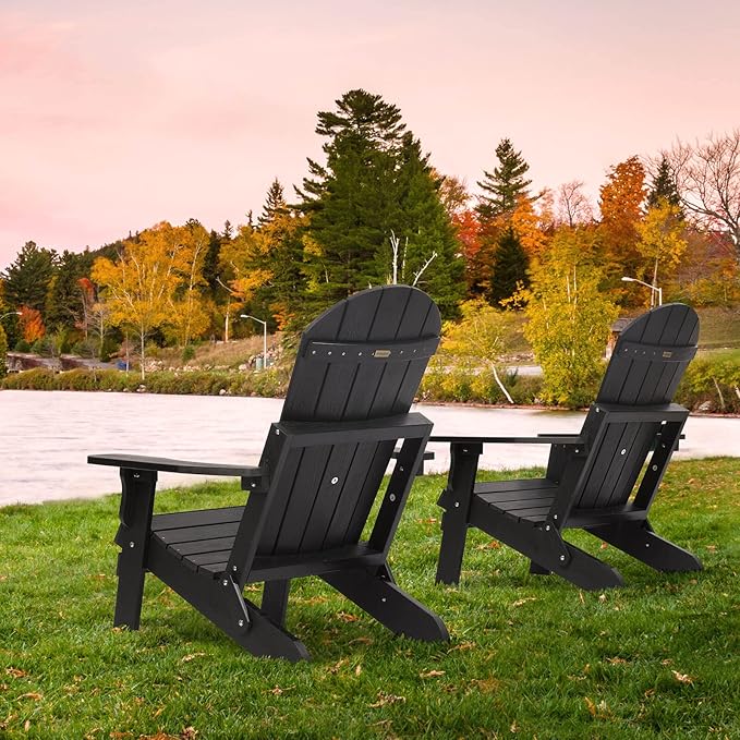 Folding Adirondack Chairs Set of 4, All Weather Resistant Plastic Chairs with Cup Holder, Fold or Unfold Easily in 1 Second, Outdoor Chairs for Patio, Garden, Backyard Deck, Lawn Fire Pit(Black)