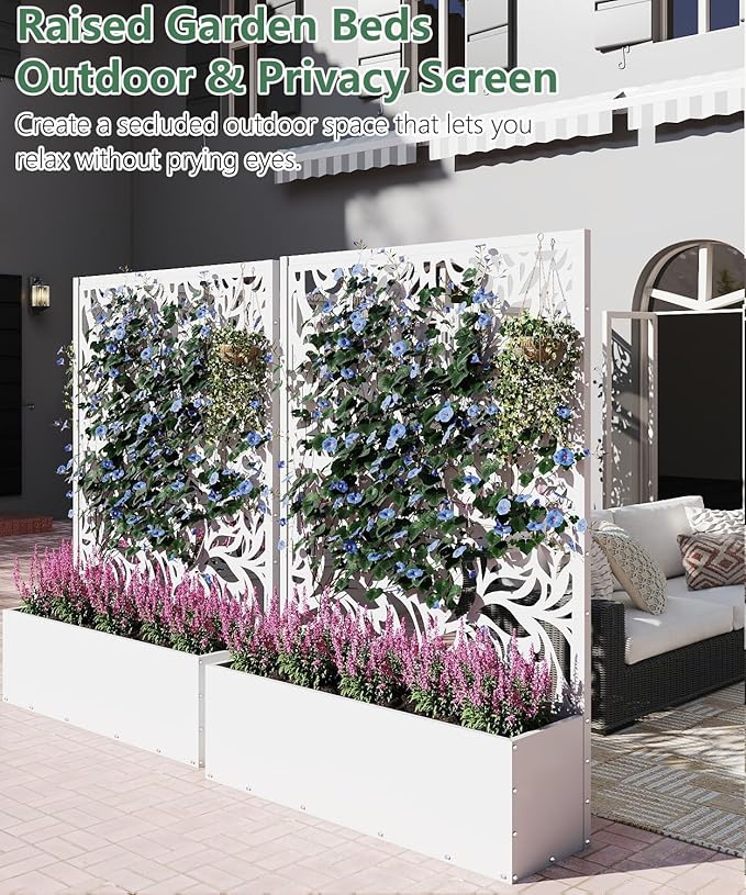 Metal Planter Box with Trellis,70.9"x47.2"x15.7" Raised Garden Bed with Drainage Holes, Privacy Planters for Outdoor Garden Bed for Climbing Plants,Vegetables,and Vines, White-Flower