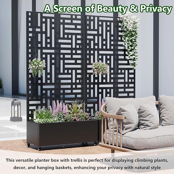 Casaphoria Raised Garden Bed Metal Planter Box with Trellis, 72"x35"x16" for Outdoor Climbing Plants, Flowers Vegetables and Vines Privacy Screen with Wheels and Drainage Holes(Black Street)