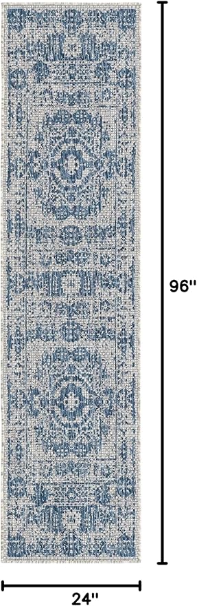 Unique Loom Outdoor Traditional Collection Area Rug - Timeworn (2' x 8' Runner, Blue/ Gray)