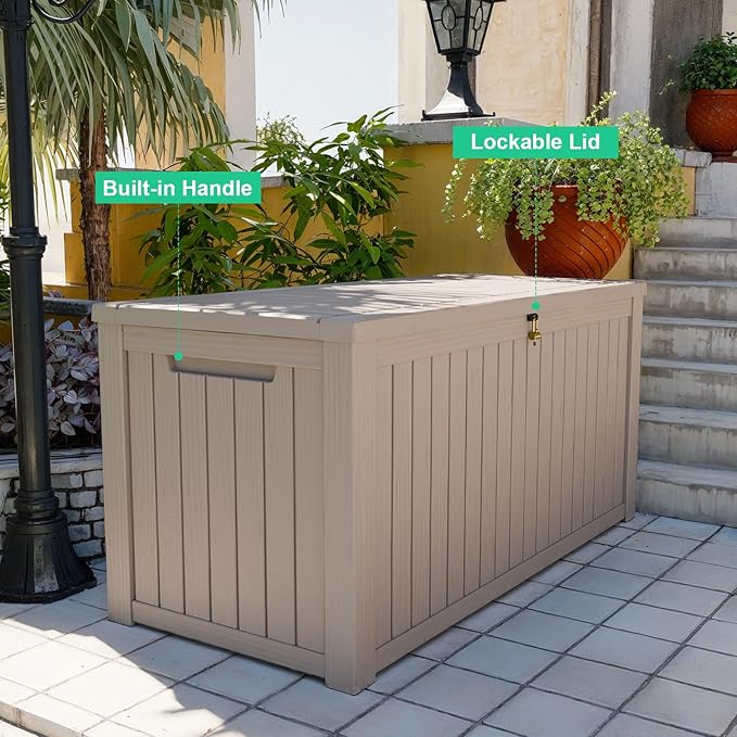 180 Gallon Large Deck Box,Resin Outdoor Storage Box with Lockable for Patio Furniture, Garden Tools Waterproof Outside Storage Box, Grey