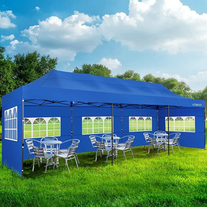 COBIZI 10x30 Pop up Canopy Heavy Duty with 8 Sidewalls, Easy Set-up Commercial Outdoor Party, 100% Waterproof Wedding Canopy Gazebo, 3 Height Adjustable with Wheeled Bag, Blue