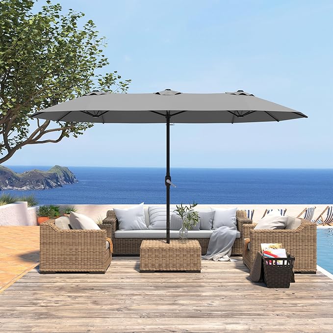 15ft Patio Umbrella with Base,Large Outdoor Double-Sided Rectangle Umbrella with Crank Handle, Market Umbrella for Poolside Garden Deck Backyard Beach Pools, Gray