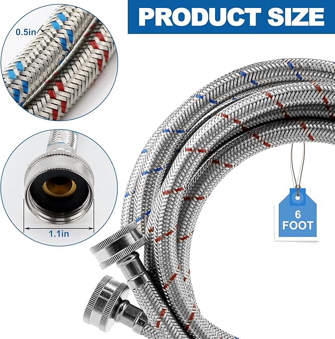Stainless Steel Washing Machine Hoses 6ft,Stainless Steel Washing Machine Hose Hot and Cold Striped Water Connection(2Packs),Universal Fit for All Standard Wash Machines-by MIFLUS