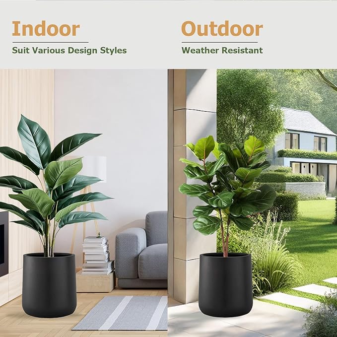 14"H x 13.7"D Conico Fiberstone Round Planter - Christmas Tree Planter, Smooth Finishes, Weather Resistant for Indoor and Outdoor Use, Included 2 Extra Coco Mats (Black, 10.6" Pot Opening)