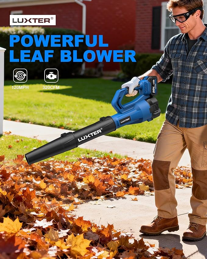 LUXTER Cordless Leaf Blower 20V Brushless Electric Leaf Blowers 320 CFM & 120 MPH 2-Levels Variable Speed with 2 X 4.0Ah Battery and Charger Included Blower for Lawn Care, Yard, Leaves, Dust, Snow