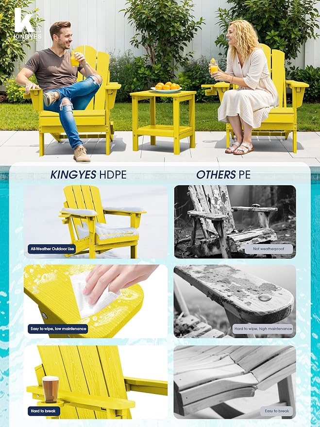KINGYES Adjustable Folding Adirondack Chair Set of 2, 3-Position Reclining Adirondack Chairs with Cup Holder, HDPE All-Weather Oversized Adirondack for Outdoor, Patio, Backyard Deck, Fire Pit, Yellow