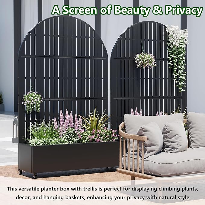 Casaphoria Raised Garden Bed Metal Planter Box with Trellis, 72"x47"x16" for Outdoor Climbing Plants, Flowers Vegetables and Vines Privacy Screen with Wheels and Drainage Holes(Black Vertical)