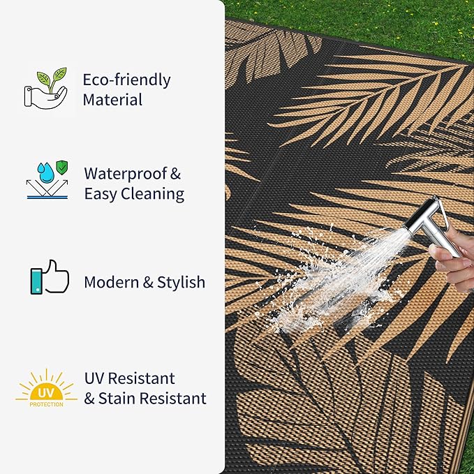 GENIMO 8'x10' Outdoor Rug Waterproof for Patio Decor, Reversible Plastic Straw Rug Carpet, Camping Mats for Outdoor, RV, Backyard, Deck, Balcony, Picnic, Mix Black & Brown