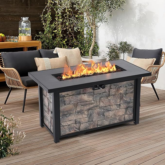 48'' Propane Fire Pit Table for Outdoor, Ceramic Tabletop & Polyresin Natural Stone Base, 50000 BTU Gas Fire Pit Table for Outside Patio and Garden, with Lava Rock