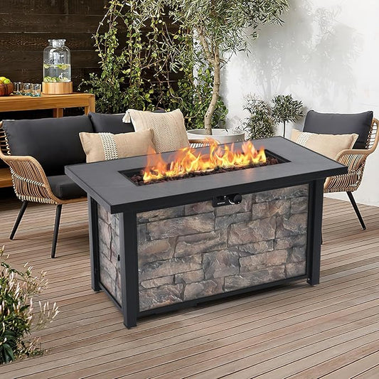 48'' Propane Fire Pit Table for Outdoor, Ceramic Tabletop & Polyresin Natural Stone Base, 50000 BTU Gas Fire Pit Table for Outside Patio and Garden, with Lava Rock