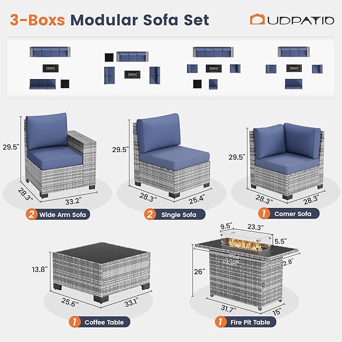 UDPATIO Patio Furniture Set with Fire Pit Table, 8 Inch Armrest Patio Sectional Sofa, 7 Piece Wicker Outdoor Furniture Conversation Set with Waterproof Cover for Backyard Deck(Grey/Navy)