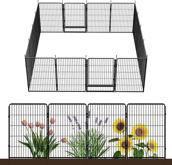 SunsGrove Tall Garden Fence with Gate, 40 in(H) x 35.7 ft(L) 16 Panels Heavy Duty Metal Animal Barrier Fence for Yard, Suitable for Indoor or Outdoor Dog Pet Fence, Garden Fence Border, Black