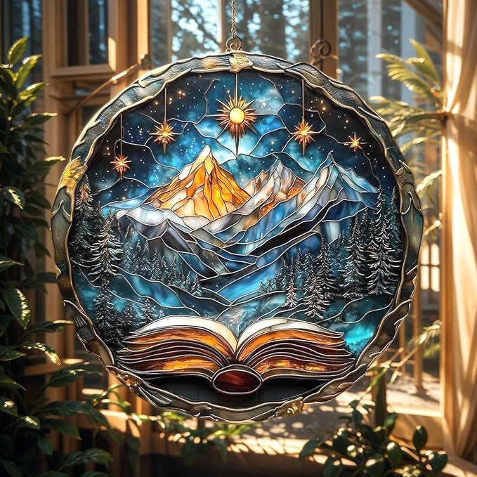 Book Christmas Ornament Bookish Acrylic Suncatcher with Mountain Scenery Stained Glass Effect Window Hanging for Book Lover Reading Nook Decor Gift for Librarian Readers