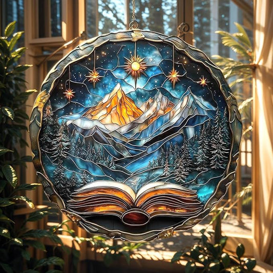 Book Christmas Ornament Bookish Acrylic Suncatcher with Mountain Scenery Stained Glass Effect Window Hanging for Book Lover Reading Nook Decor Gift for Librarian Readers