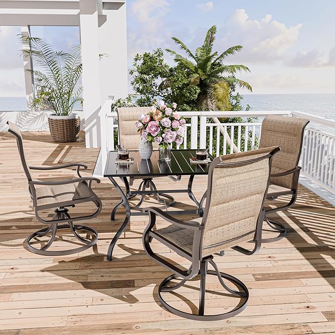 UDPATIO Patio Swivel Chairs Set of 4, Outdoor Dining Chairs High Back with Padded All Weather Breathable Textilene, Metal Rocking Frame for Backyard Lawn Garden, Brown
