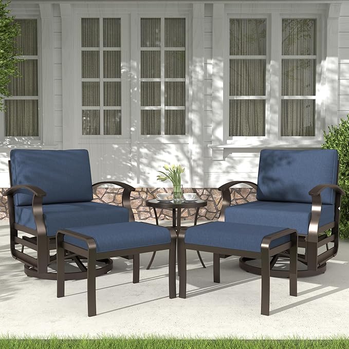 Kurapika 5 Pieces Patio Furniture Set, Outdoor Aluminum Swivel Gliders Rocker, Patio Bistro Set Rocking Chair with Thickened Cushions and Tempered Glass Side Table(Navy Blue)