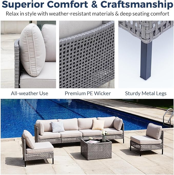 7-Piece Patio Rattan Furniture Set with 4 Armchairs, 2 Armless Chairs and Table, Modular Outdoor Wicker Sectional Sofa with Beige Cushions for Backyard, Porch, Garden