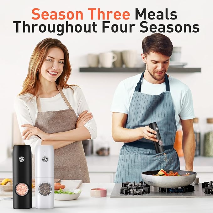 Electric Salt and Pepper Grinder Set-Rechargeable Automatic Pepper Mill Grinder with LED Christmas Gifts for Women, USB Adjustable Coarseness shakers, One-Hand Operation for Kitchen Appliances