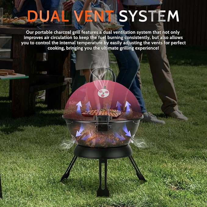 14-Inch Portable Barbecue Grill,Outdoor Small Grill with Dual Venting System and Warming Rack for Picnic, Camping, Backyard,Pink