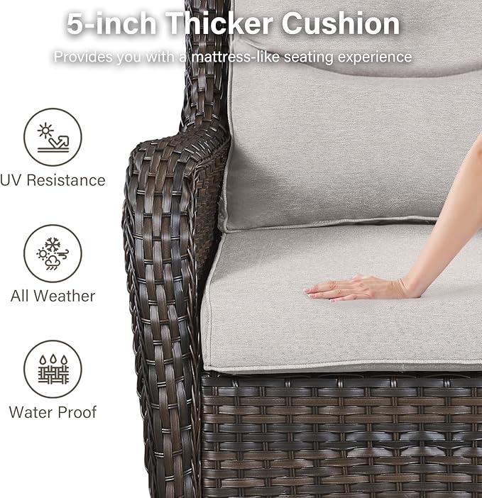Outdoor Swivel Rocker Patio Chairs Set of 4 with Sofa - 5" Thick Cushion 4 Piece Furniture Set with Sofa All Weather Wicker Conversation Set for Porch Deck - Brown Wicker | Beige Cushions