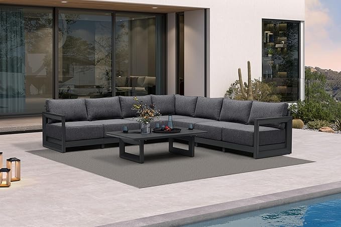 PURPLE LEAF Patio Furniture Set L-Shaped Outdoor Couch with 9.6" Thick Cushion and Soft Pillows 8 Piece Outdoor Sectional Sofas with Table Modern Outdoor Conversation Sets for Yard Porch Deck, Grey