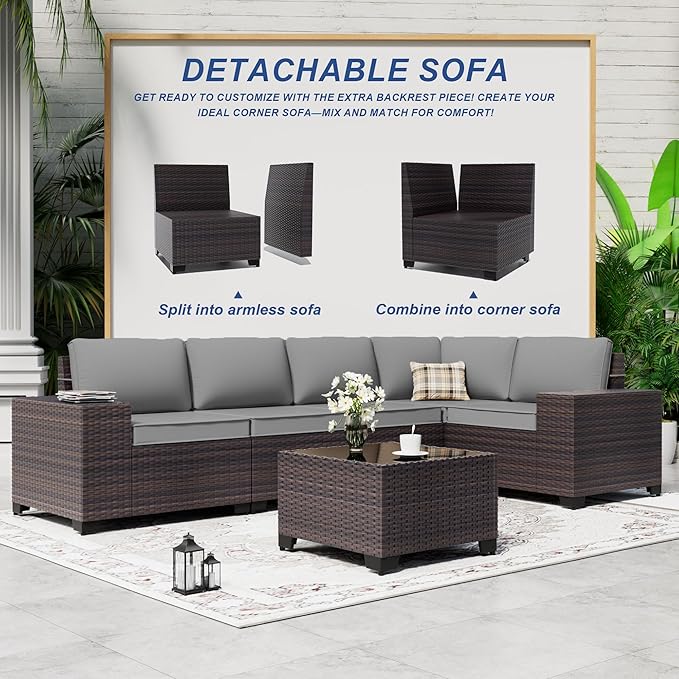 Outdoor Patio Furniture Set, 12 Pieces Outdoor Sectional Furniture High Backrest Patio Sofa, All-Weather PE Rattan Patio Conversation Set with Coffee Table & Cushions(Grey).