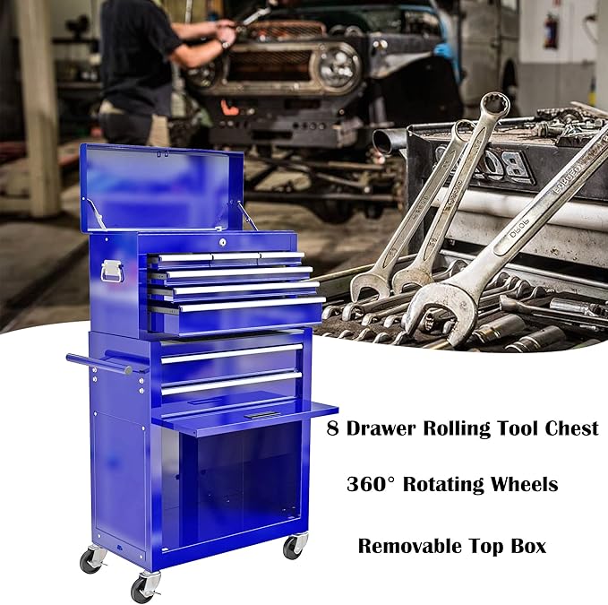 8 Drawers Rolling Tool Box Organizer,High Capacity Tool Chest with Wheels,Lockable Rolling Tool Chest with Bottom Cabinet, Tool Box Rolling Workshop Storage Cabinet (8 Drawers(Blue))