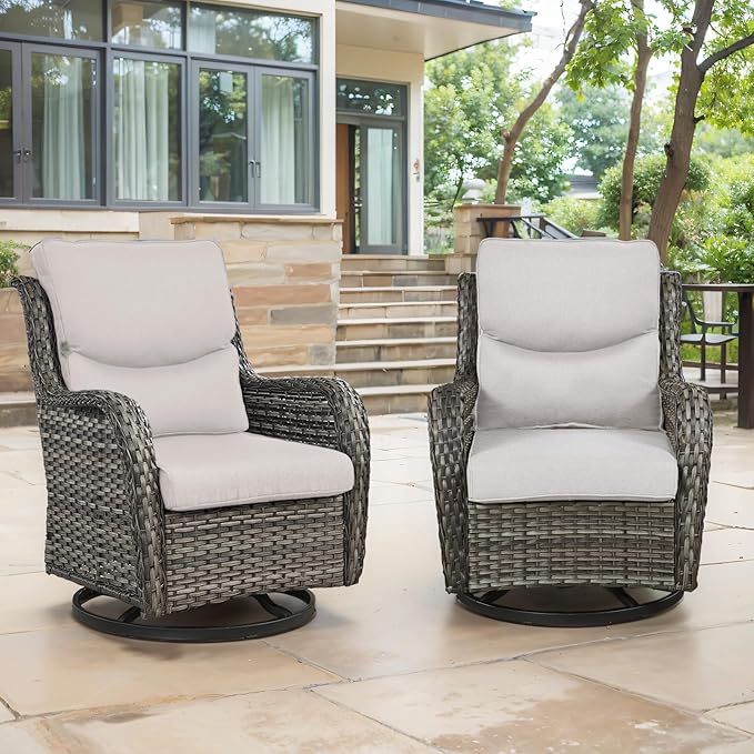 Swivel Patio Chairs Set of 2 with 5" Thick Cushion - Wicker Outdoor Swivel Rocker Patio Chairs, High Back Comfortable Outdoor Glider Chair for Balcony, Porch, Deck, Poolside - Gray/Beige