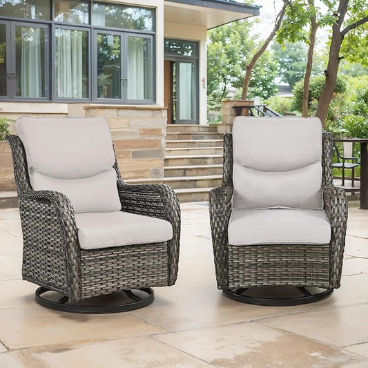 Swivel Patio Chairs Set of 2 with 5" Thick Cushion - Wicker Outdoor Swivel Rocker Patio Chairs, High Back Comfortable Outdoor Glider Chair for Balcony, Porch, Deck, Poolside - Gray/Beige