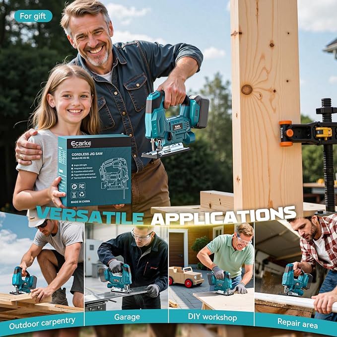 Ecarke Cordless Jig Saw Compatible With Makita 18V Battery, Brushless, 7 Speeds Dial Control, 4 Orbital Sets, Dust-Blowing, ±45° Bevel Cuts, LED Light and 6PCS Blades For Cutting (Without Battery)