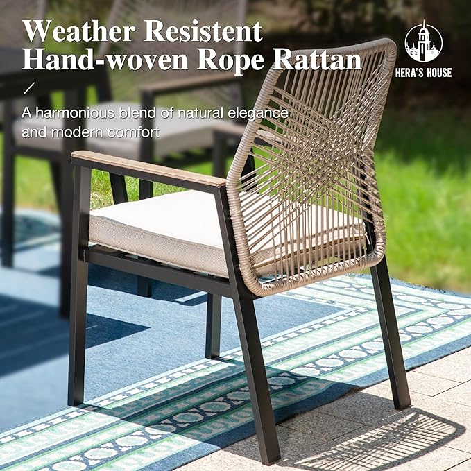 HERA'S HOUSE Patio Chairs Set of 6, 36.6" Rattan Dining Chairs with Heavy-Duty Wrought Iron Metal Frame Support 300lbs, All-Weather Dining Chair for Garden Lawn Backyard Kitchen Deck