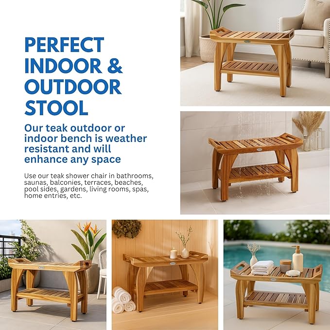 EcoDecors 30 Inch Tranquility Natural Color Waterproof Teak Wood Shower Bench Stool Seat Chair For Inside Shower Storage Shelf Provides Safety, Storage, and Organization For Bathroom Accessories