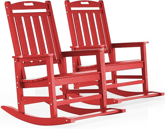 LOUNZY Outdoor Rocking Chair with Footboards Set of 2, HDPE Rocking Chair Patio Porch Rocker with 380lbs Support for Adult, Dark Red