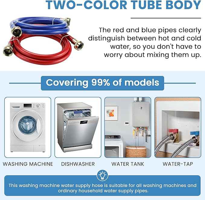 6FT Rubber Washing Machine Hoses Burst Proof Water Supply Lines with 3/4" FHT Standard Thread by AMI PARTS - for Hot and Cold Water Washer Hoses (2 Pack)