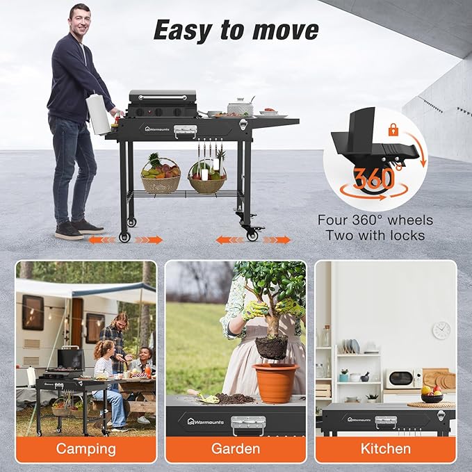 WARMOUNTS Foldable Grill Cart Outdoor with Wheels, Portable Outdoor Grill Table with Storage, Movable Stand Fits 17''/22'' Tabletop Grill, 400 Lbs Weight, for Camping, BBQ