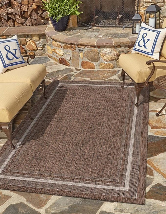 Unique Loom Outdoor Border Collection Area Rug - Soft Border (7' 10" x 10' Rectangle Brown/Ivory)
