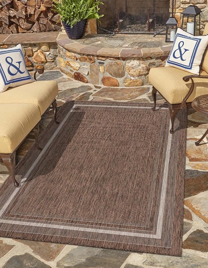Unique Loom Outdoor Border Collection Area Rug - Soft Border (10' x 13' 1" Rectangle Brown/Ivory)