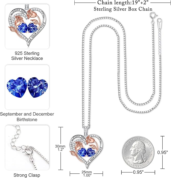 Iefil Christmas Gifts for Women Wife - 925 Sterling Silver Rose Heart Birthstone Necklace Birthday Anniversary Jewelry Gifts for Her Wife Mom Daughter