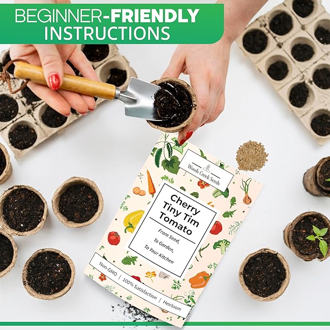 Woods Creek Seeds: Tiny Tim Tomato Seeds for Planting - Heirloom Tomato Seeds for Planting Outdoors, Indoors, Patio or Home Plant Garden - Non-GMO Seed Pack of Dwarf Cherry Tomatoes